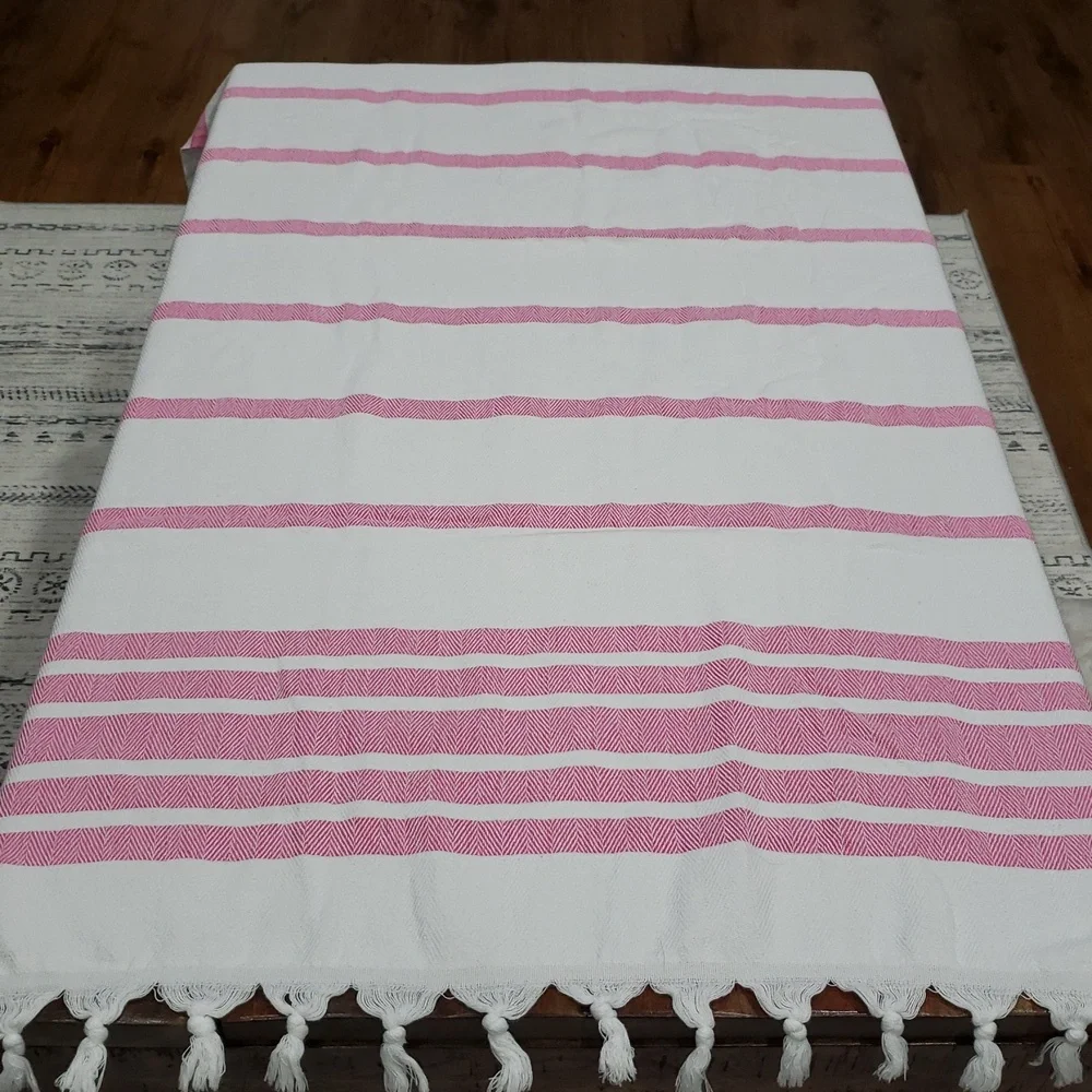 Pink and White Striped Tasseled Towel